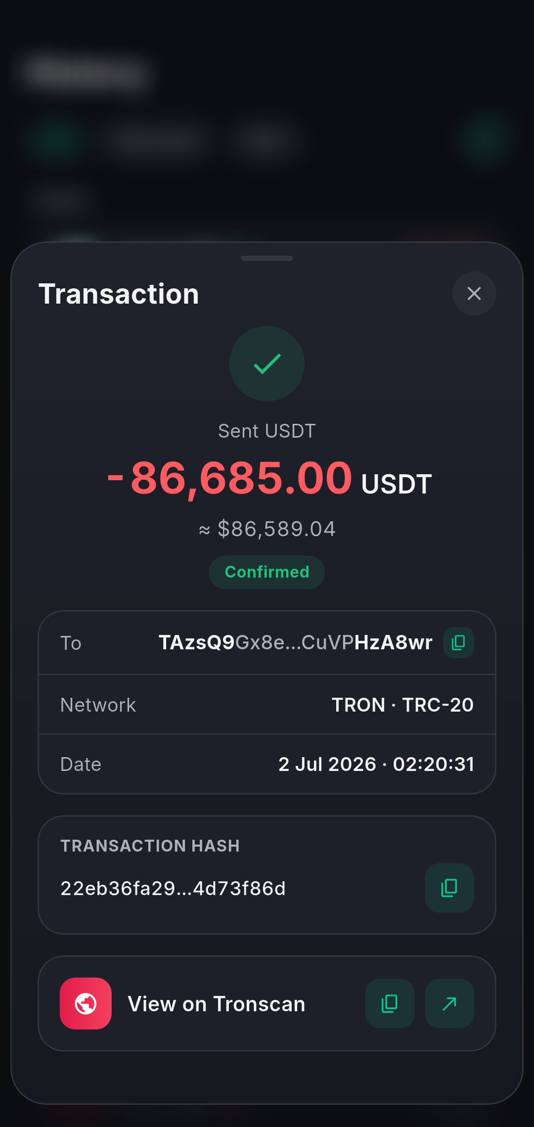 A confirmed USDT transaction in Oniq — sent, on-chain, done